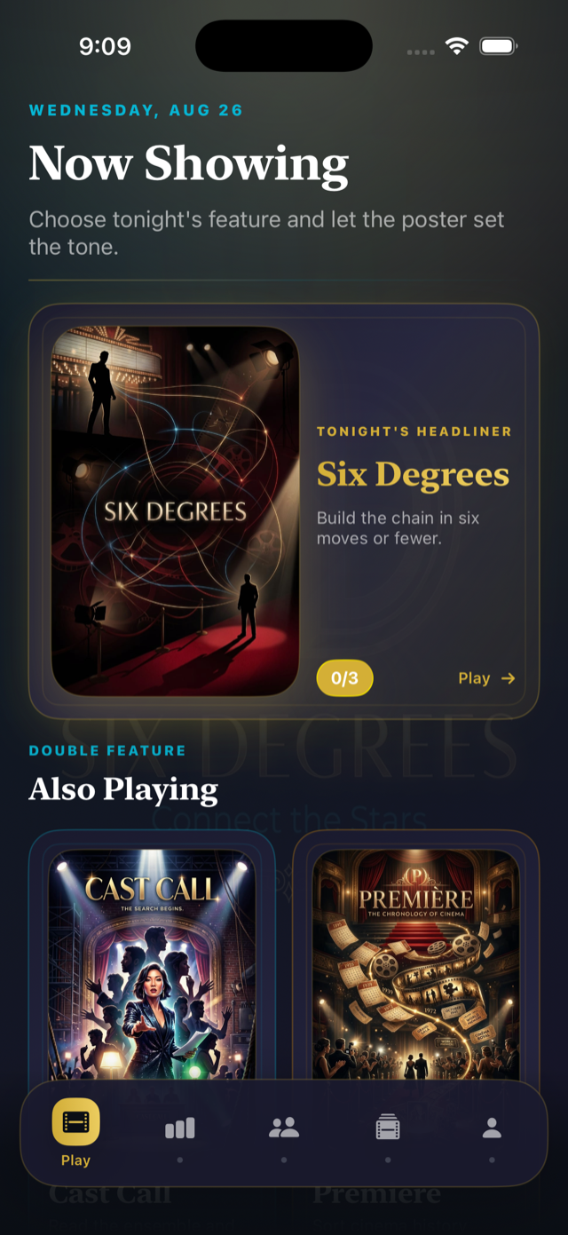 Six Degrees Now Showing screen with Six Degrees, Cast Call, and Première daily movie games